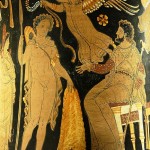 Jason bringing Pelias the Golden Fleece; a winged victory prepares to crown him with a wreath. Side A from an Apulian red-figure calyx crater, 340 BC–330 BC.