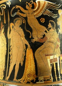 Jason bringing Pelias the Golden Fleece; a winged victory prepares to crown him with a wreath. Side A from an Apulian red-figure calyx crater, 340 BC–330 BC.