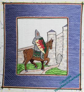 William Marshall in Opus Anglicanum, Blue border in couched trellis stitch now has both internal and external borders in place