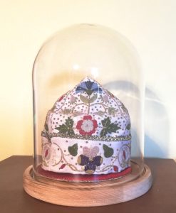 The Tudor Nightcap, stitched years ago as part of the the Thistle Threads course, now happily housed in the parlour dome.