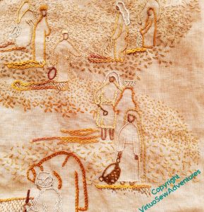 Close up of a section of the slightly closer middle distance. The figures have more contrast and stronger stitches, and there is beginning to be a band of random twisted chain stitch around their feet.