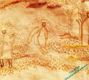 Close up of a section of the middle/far distance. The figures are in slightly more emphatic stitches and colours than was the case for the more distant figures. There is dense background stitching in seed stitches, which then transition into single chain stitches.