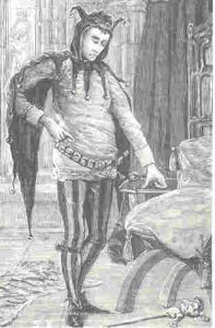 A very nineteenth-century looking depiction of Rahere as a jester, in cap, bells, and particoloured garments.
Image from Wikipedia