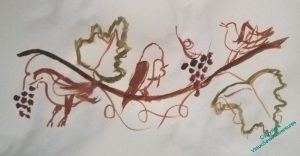 A branch with vine leaves and bunches of grapes, and the three birds in different aspects. Still not balanced or successful, but it shows how I have been thinking.