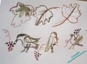 Vine leaves and sketches of the birds, trying to surround the birds with bunches of grapes.