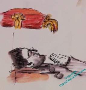 Sketch of Rahere's head and cushion. Watersoluble pen and crayon
