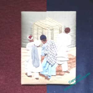 Collage of Loading the Felucca with burgundy or navy background.