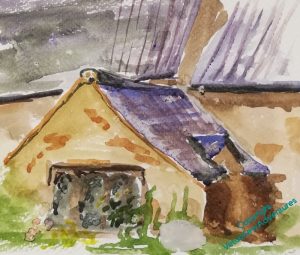 Watercolour of a small room attached to a church, showing the rooflines and windows.