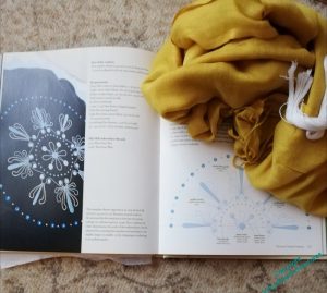 A book is open on the floor, showing an embroidery patttern and part of the finished article. On top of the book is a tumble of golden yellow fabric.
