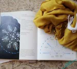 A book is open on the floor, showing an embroidery patttern and part of the finished article. On top of the book is a tumble of golden yellow fabric.
