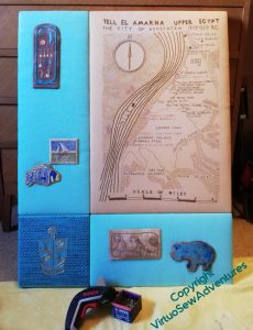 Map panel assembled and screwed together, surrounded by Nefertiti's Cartouche, the Felucca, the Fish, the Crest of the dig, the Antelope, and the Hippopotamus.