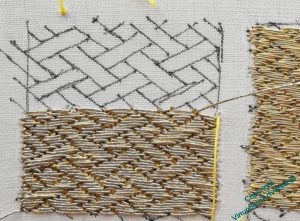Halfway through the second practice panel of Basketweave Underside Couching. It's using the gold thread intended for the real piece, and the pattern looks crisper.