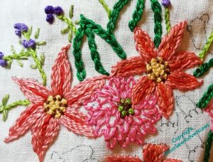 Densely stitched flower forms in warm colours, looking very congested