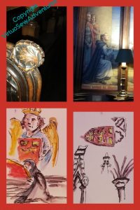 Another grid with a red background, showing two photos and two sketches, again from St Bartholomew's. The photos show a scallop shell on a pew and a Victorian fresco of Rahere. The sketches are of details from the ornate tomb monument to Rahere that was erected in the 15th century.