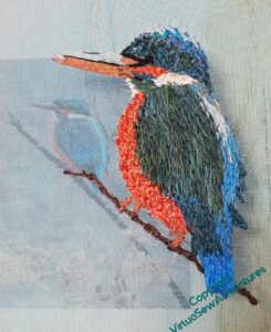 Kingfisher finished, complete with a twig to sit on, and with the source photo showing through the gauze.