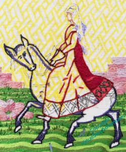 Progress on the Opus Anglicanum panel of Aethelflaed. Some of the darkest details of her horse are now in place, in dark blue.
