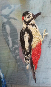 First afternoon's work on the woodpecker, with seveal layers of stitching, and the source photo behind the gauze.
