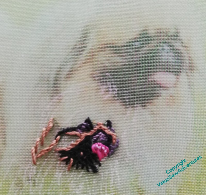 Gauze with stitching laid over the source photo. Beginnings of shaded fur around the face.