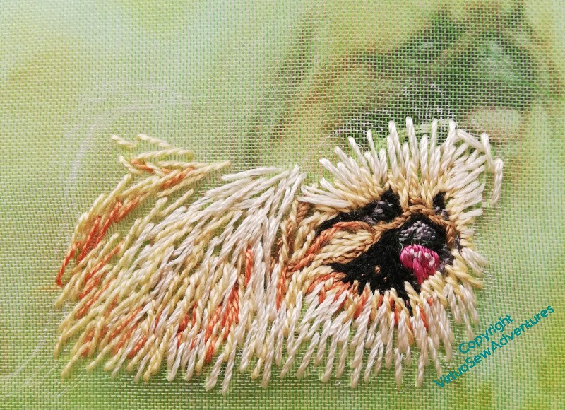 Gauze with stitching laid over the source photo. Beginning to sketch in some darkish shades on the tail and body.