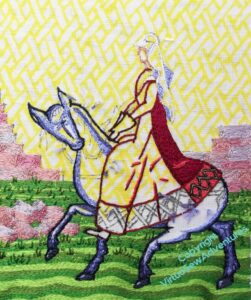 Beginning of the stitching on Aethelflaed's horse, dark and light blue in place.