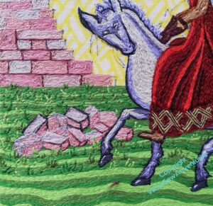 Picture of part of the Aethelflaed Embroidery, showing  blocks being outlined and the tussocks at the front still missing.