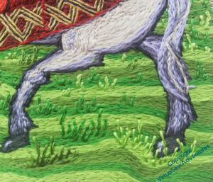 Close up of the large tussocks growing near the horse's hindquarters.