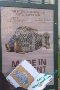 My book, open at the photograph of the Nile Tilapia, held up to an exhibition poster showing the original artefact.