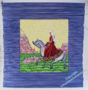 The first layer of the blue border is complete. It's uneven in colour because it uses three different shades at once.