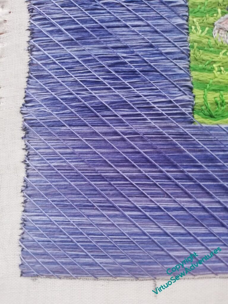 Starting the trellis couching - first layer of diagonal stitches