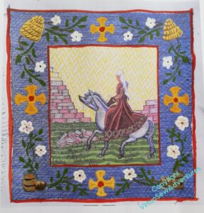 Gouache over photocopy, large crosses at cardinal points, barrels in the bottom corners, skeps in the right, roses in between