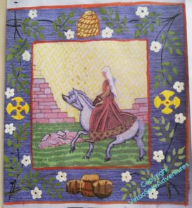 Three barrels bottom centre, skep at top centre, large crosses at east and west, roses in between.