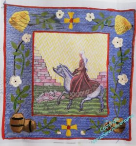 Crosses North and South, barrels in bottom corners, skeps in top corner, roses between