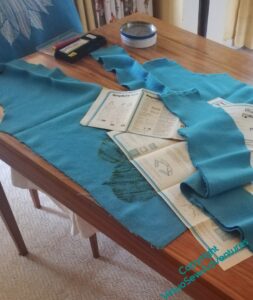 Fabric pieces and pattern laid out on a table